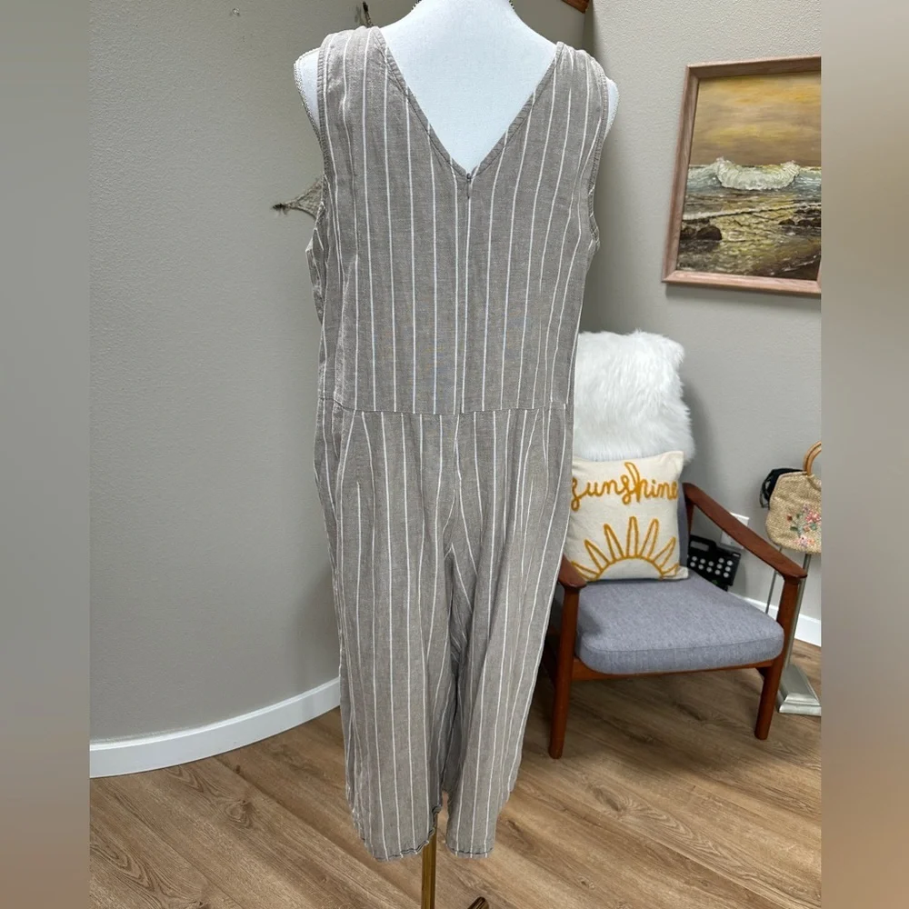 Beachlunchlounge cotton linen taupe and white vertical striped wide leg jumpsuit